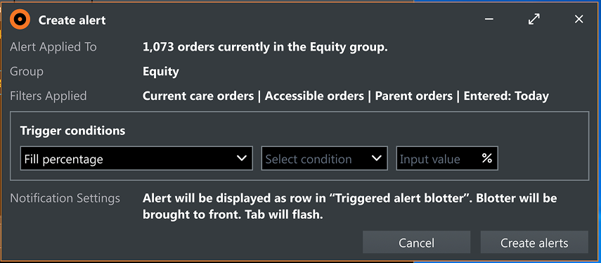 Toolbar Builder showing alert button pre-configuration with trigger conditions and notification settings